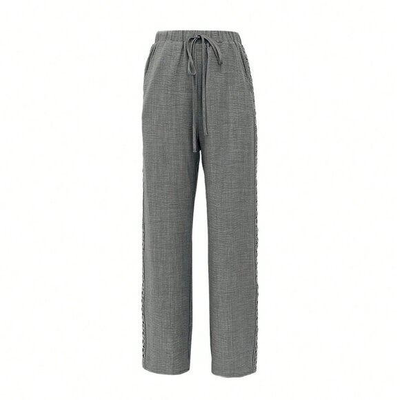 Dark Grey Casual Women's Drawstring Side Splicing Lace Trim Wide Leg Pants - Picture 4 of 4